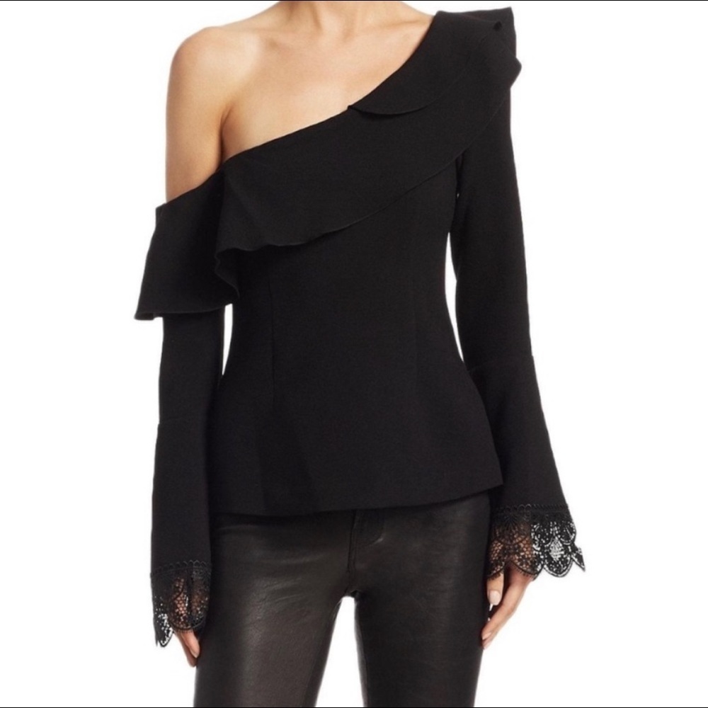 Black One Shoulder Ruffle Lace Trim Bell Sleeve Blouse Top - Picture 2 of 11